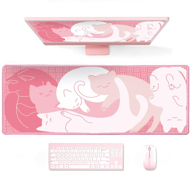 Gaming Mouse Pad XXL Extended Anime Mouse Pad 31.5x15.7inch, Large Cute Kawaii Big Computer Mouse Mat Desk Pad with Non-Slip Rubber Base and Stitched Edge for Home Office-Black Ink Cat