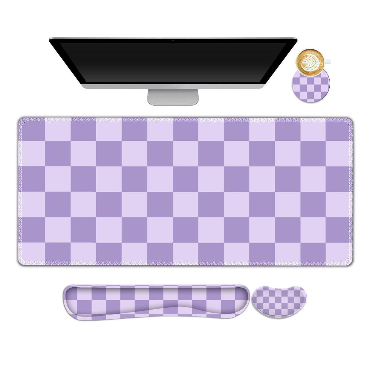 Beige Khaki Checkered Mouse Pad Set, 4 in1 Large Gaming Ergonomics Keyboard Desk Mat with Memory Foam Wrist Rest, Extended Game Mousepad, Non-Slip Desk Pad Matt Easy Typing Pain Relief