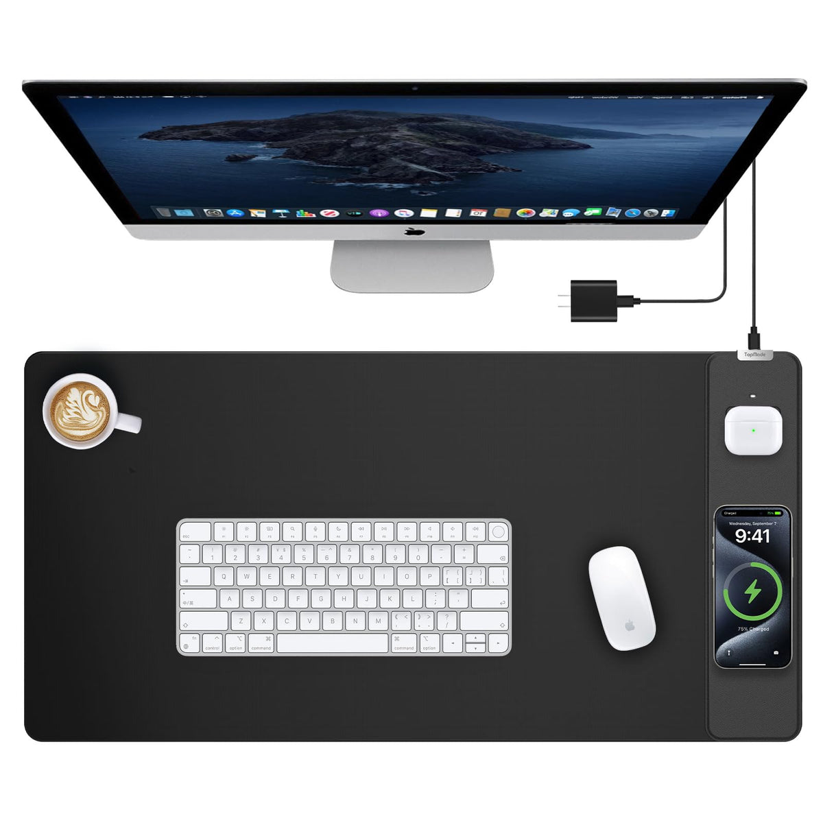TopMade Mouse Pad with 15W Fast Wireless Charging, 31.5"x15.75" XXL Large Gaming Waterproof Desk Pad with Ultra-Smooth Surface, Non-Slip Base, Computer Desk Mat for MacBook, PC, Laptop, Black