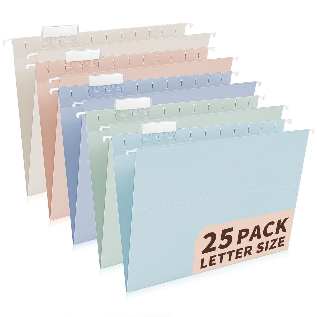 25-Pack Pastel Hanging File Folders, Letter Size with 1/5-Cut Tabs, 35 Transparent Label Cards, 50 Sticker Labels–Home Office & Filing Cabinets