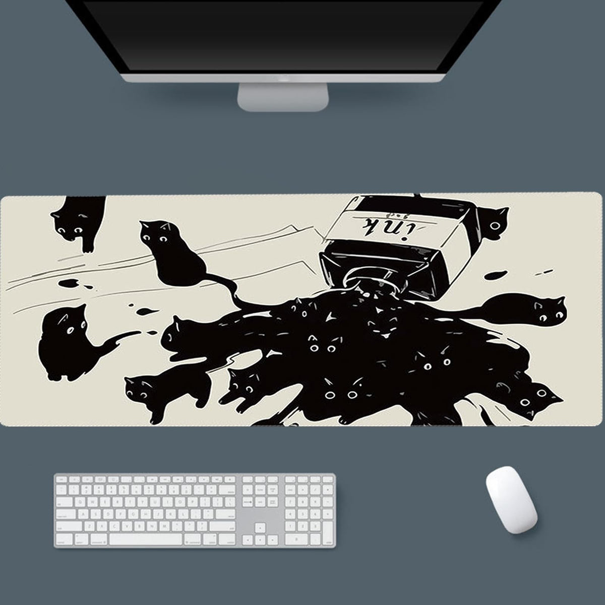 Gaming Mouse Pad XXL Extended Anime Mouse Pad 31.5x15.7inch, Large Cute Kawaii Big Computer Mouse Mat Desk Pad with Non-Slip Rubber Base and Stitched Edge for Home Office-Black Ink Cat