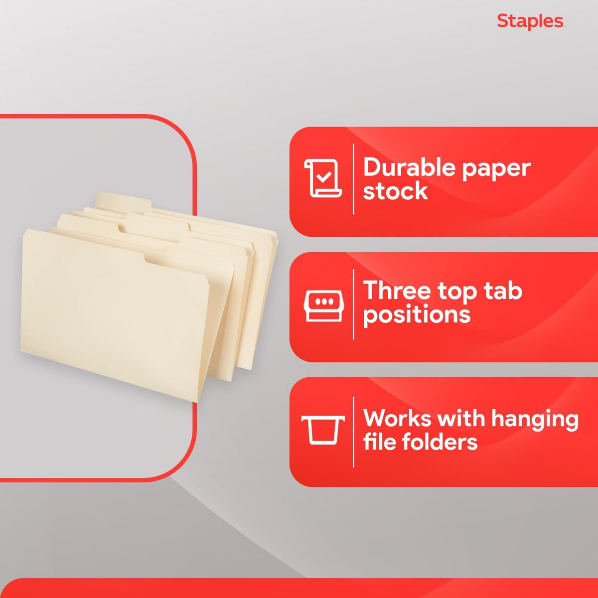 Staples 163360 Manila 3-Tab File Folders Legal Assorted Position 100/Box