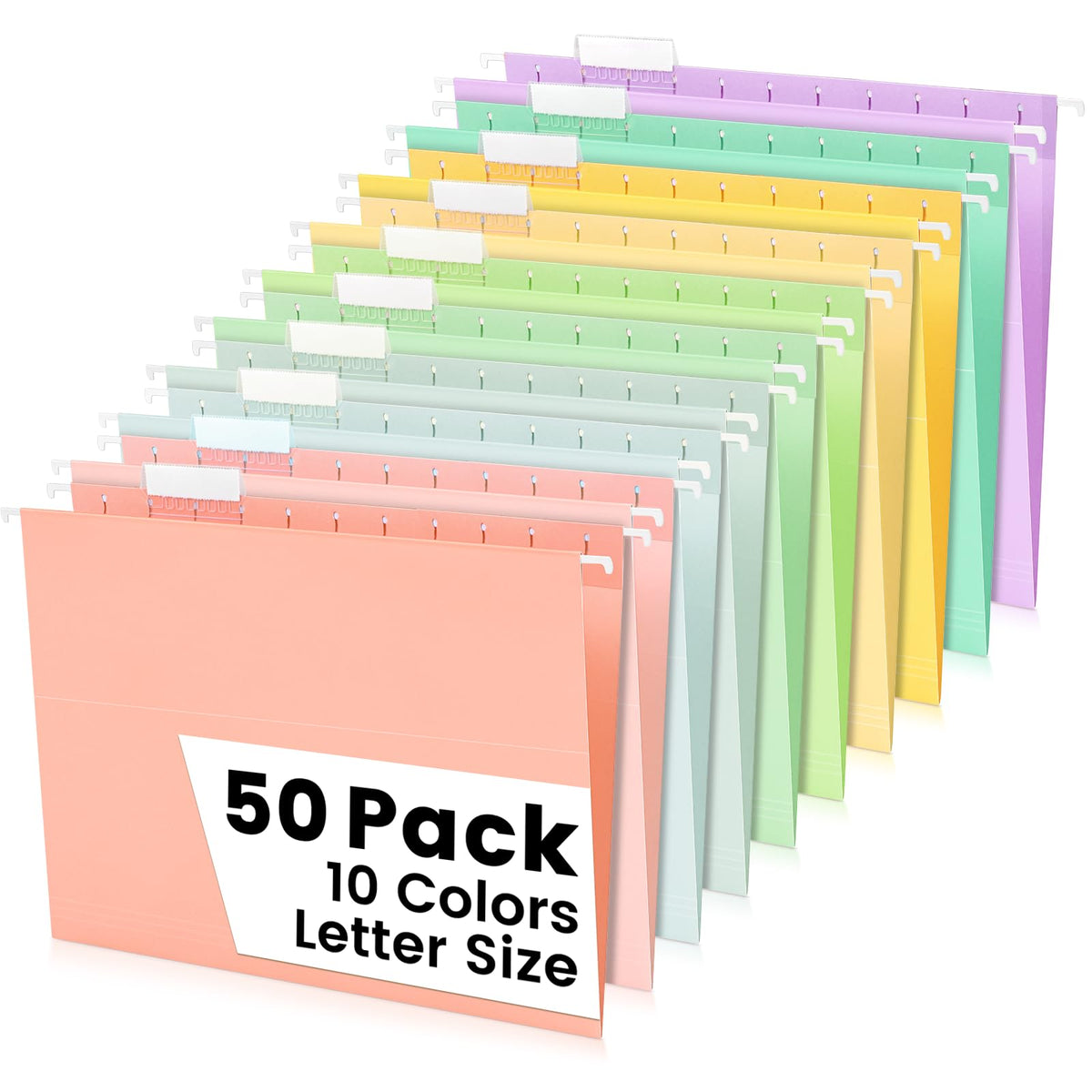 25-Pack Pastel Hanging File Folders, Letter Size with 1/5-Cut Tabs, 35 Transparent Label Cards, 50 Sticker Labels–Home Office & Filing Cabinets