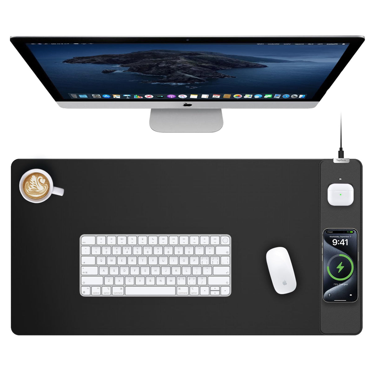 TopMade Mouse Pad with 15W Fast Wireless Charging, 31.5"x15.75" XXL Large Gaming Waterproof Desk Pad with Ultra-Smooth Surface, Non-Slip Base, Computer Desk Mat for MacBook, PC, Laptop, Black