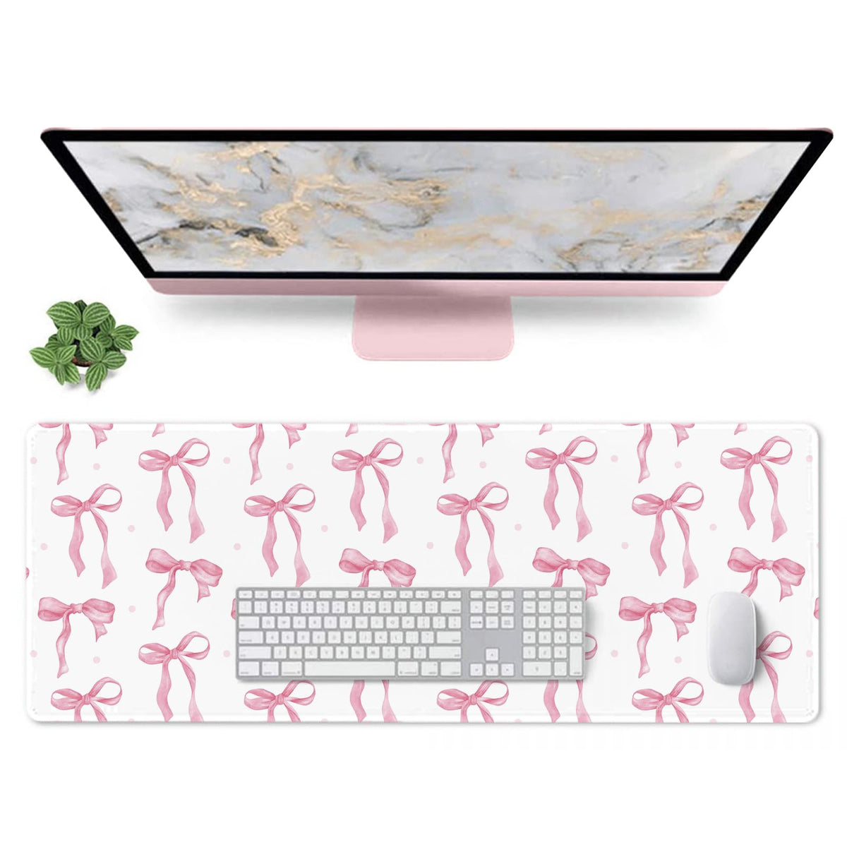 Pink Desk Mat, Mouse Pad Bows Computer Desk Mat Girl Office Decor 31.5x11.8