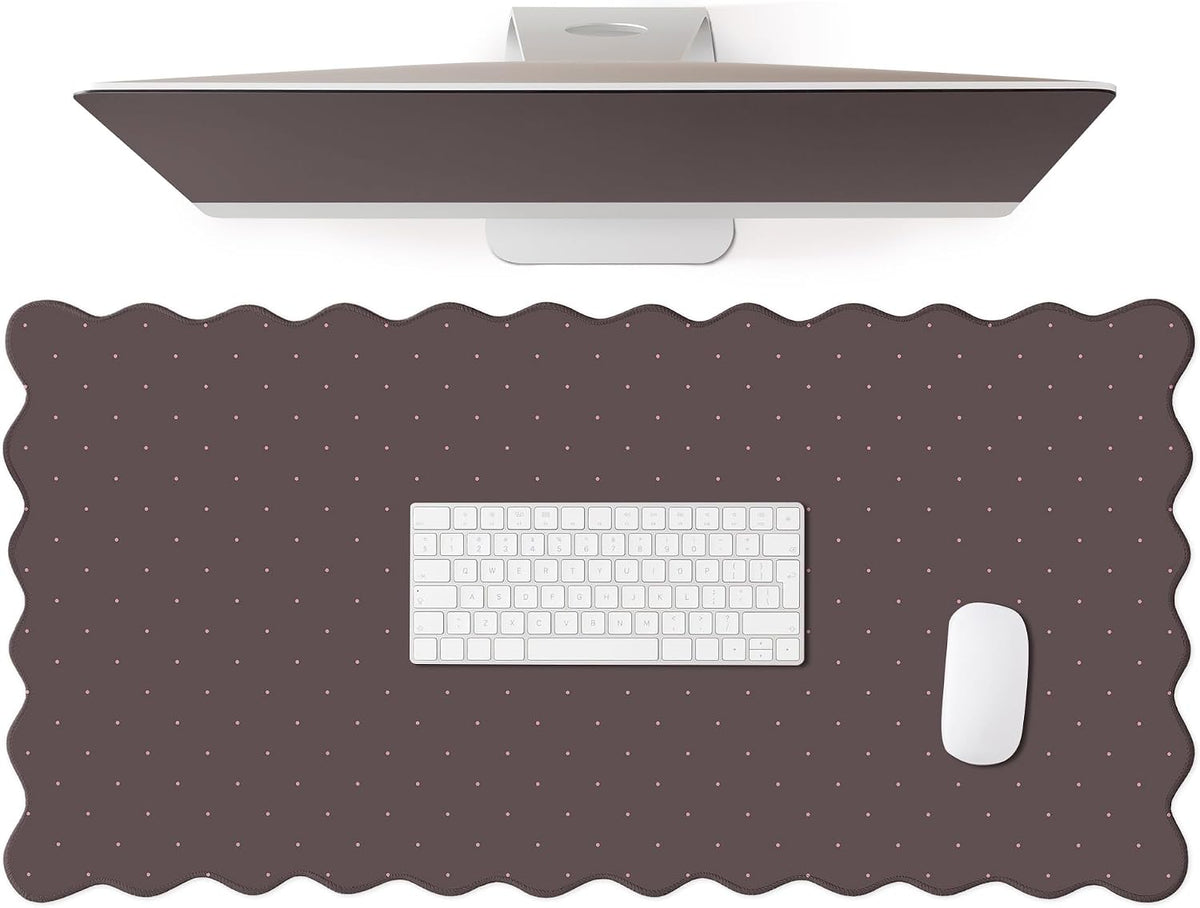 Cute Brown Scalloped Desk Mat with Polka Dot Large Mouse Pad Computer Mat Aesthetic Keyboard Mat for Desktop Laptop Protector for Office & Home 31" x 15.7"