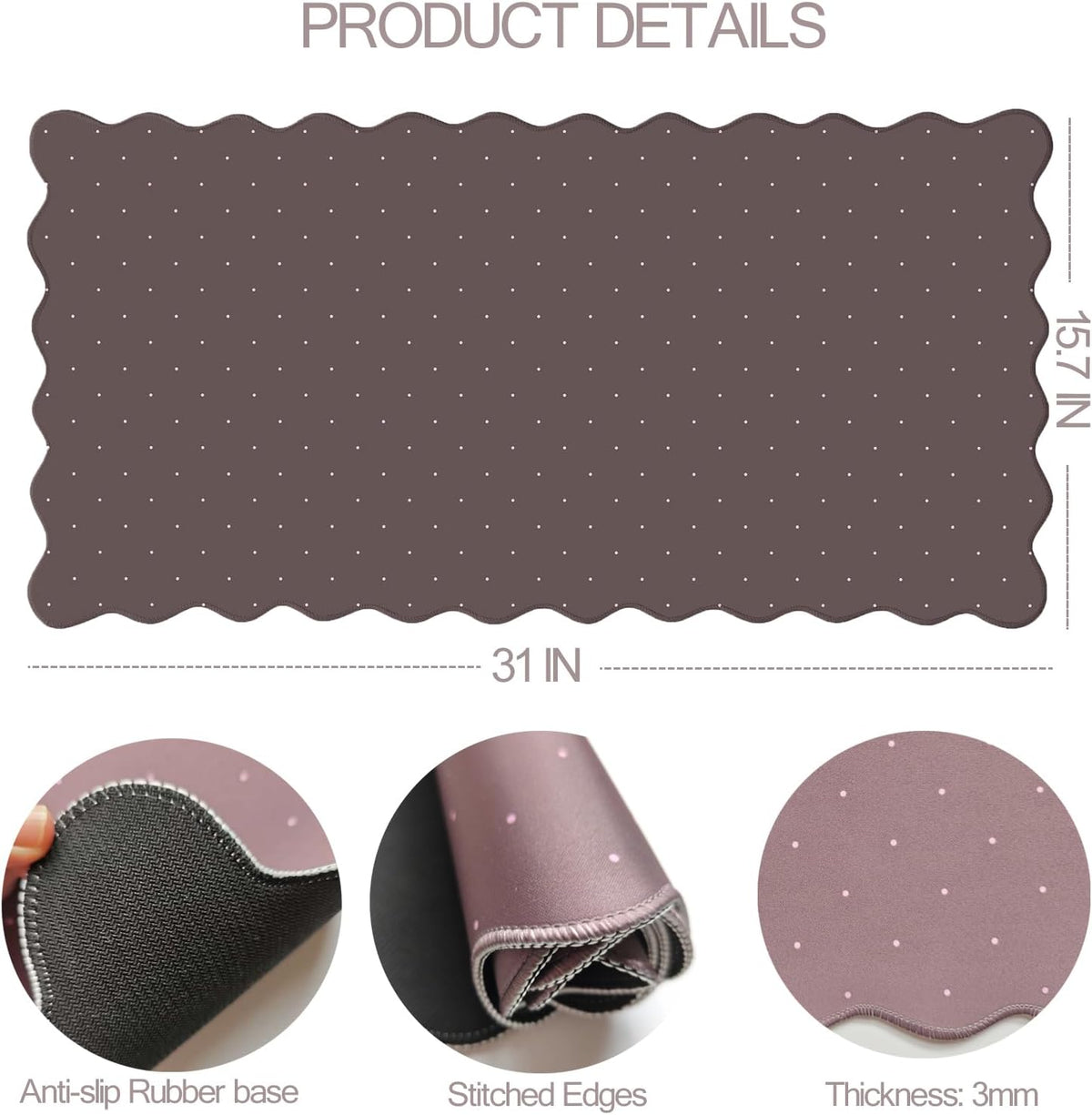 Cute Brown Scalloped Desk Mat with Polka Dot Large Mouse Pad Computer Mat Aesthetic Keyboard Mat for Desktop Laptop Protector for Office & Home 31" x 15.7"