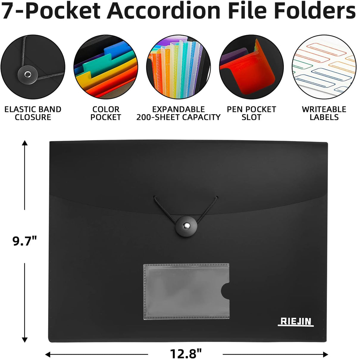 Accordian File Organizer 7 Pocket Expanding File Folder with Labels, Plastic Expandable File Folder for Documents Letter Size A4 Papers - Black