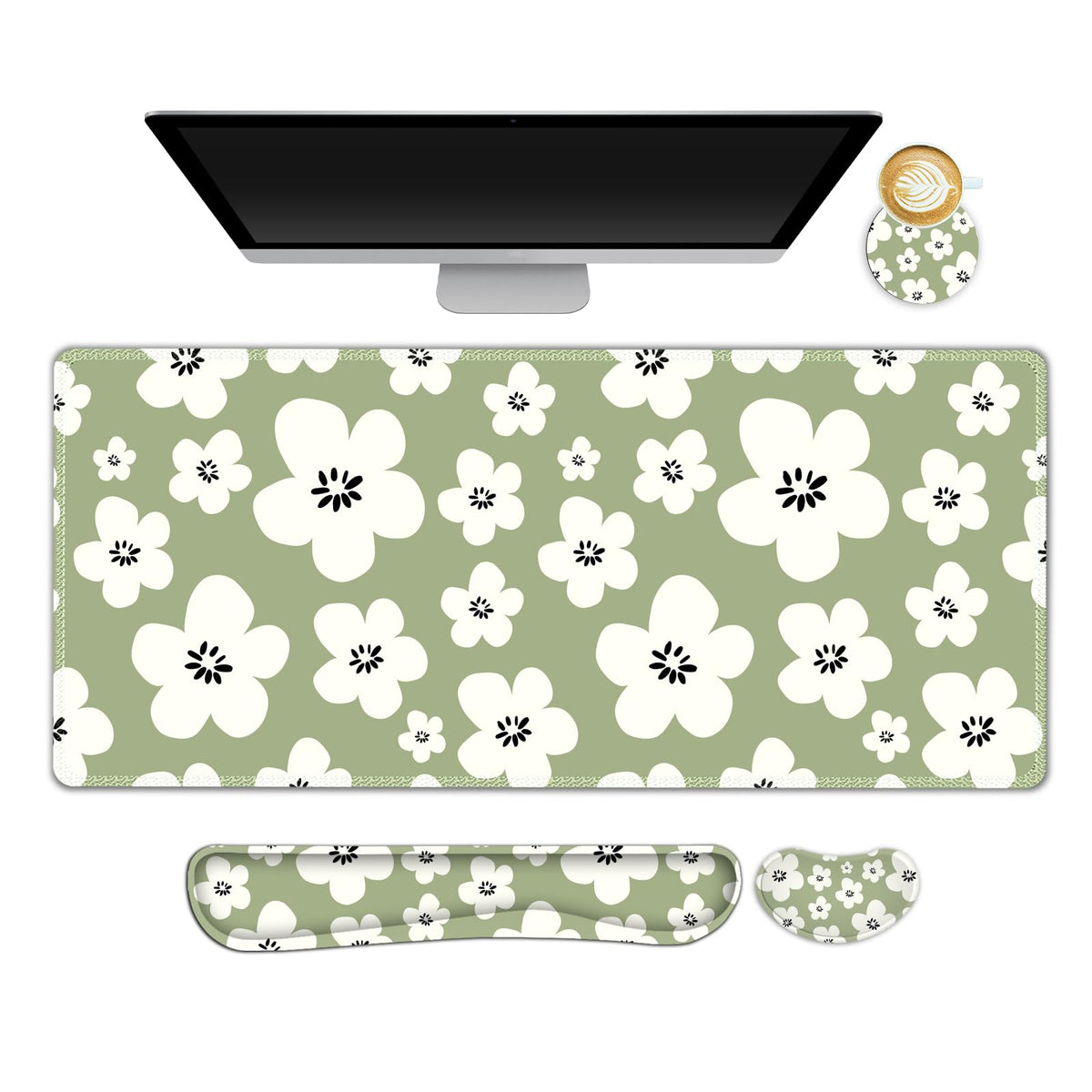 Beige Khaki Checkered Mouse Pad Set, 4 in1 Large Gaming Ergonomics Keyboard Desk Mat with Memory Foam Wrist Rest, Extended Game Mousepad, Non-Slip Desk Pad Matt Easy Typing Pain Relief