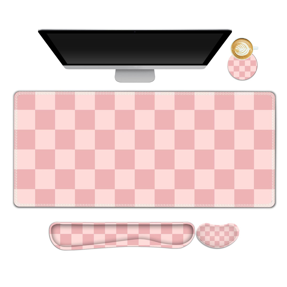 Beige Khaki Checkered Mouse Pad Set, 4 in1 Large Gaming Ergonomics Keyboard Desk Mat with Memory Foam Wrist Rest, Extended Game Mousepad, Non-Slip Desk Pad Matt Easy Typing Pain Relief