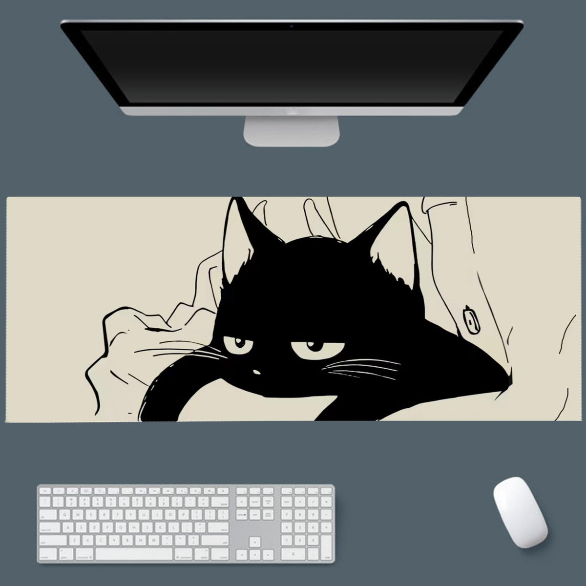Gaming Mouse Pad XXL Extended Anime Mouse Pad 31.5x15.7inch, Large Cute Kawaii Big Computer Mouse Mat Desk Pad with Non-Slip Rubber Base and Stitched Edge for Home Office-Black Ink Cat
