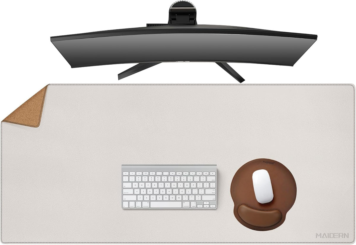 MAIDERN 43.3”x 19.6” Cork & Leather Desk Mat, Large Desk Pad (Cream)