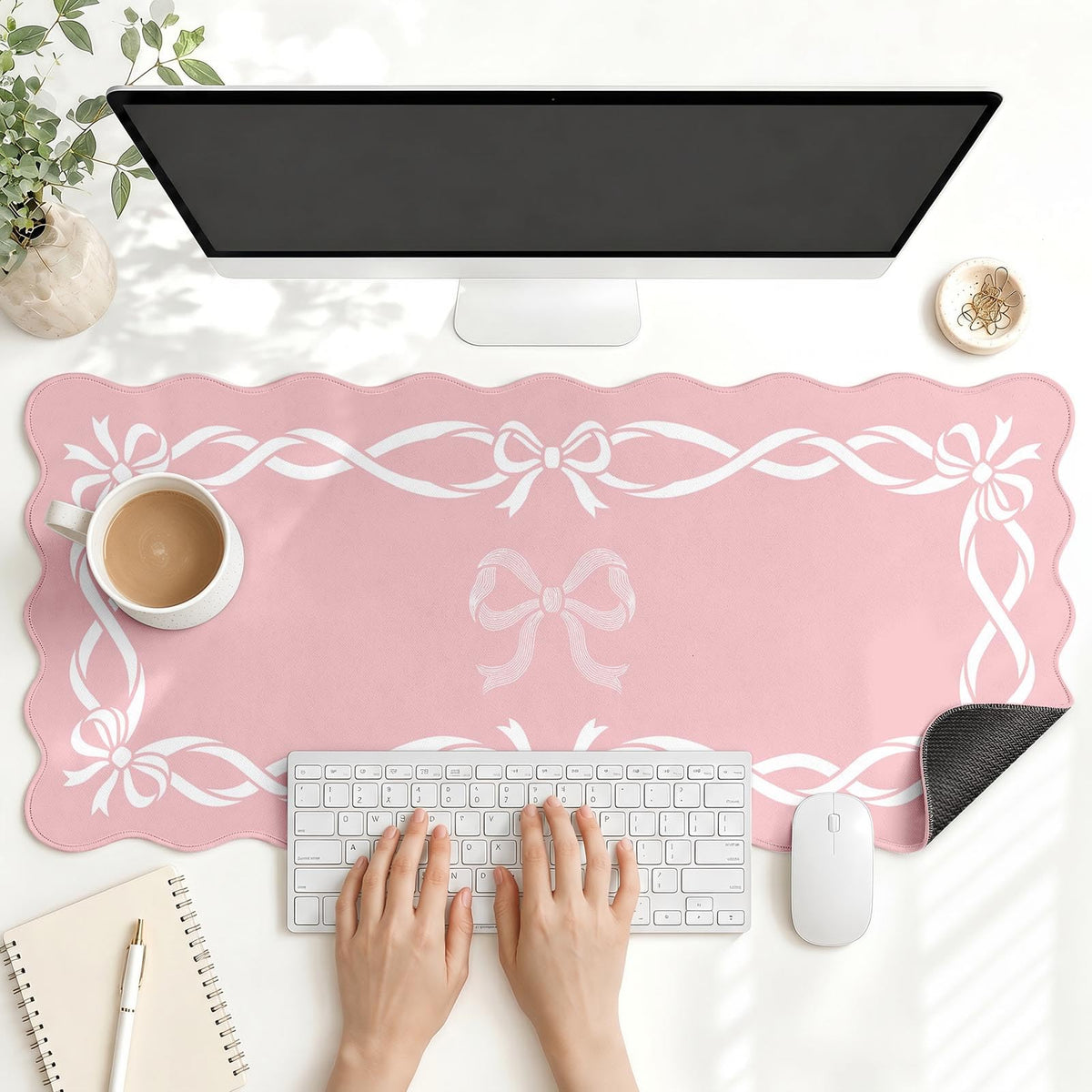 Scalloped Gaming Mouse Pad Desk Mat, Black Floral, 35.4"x15.7"