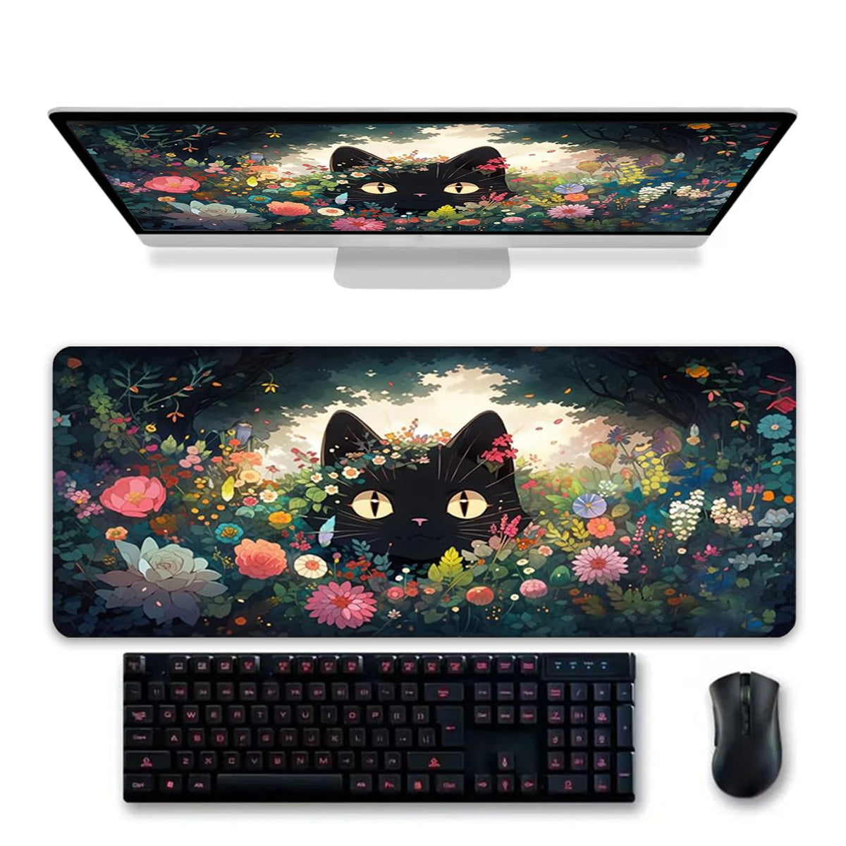 Gaming Mouse Pad XXL Extended Anime Mouse Pad 31.5x15.7inch, Large Cute Kawaii Big Computer Mouse Mat Desk Pad with Non-Slip Rubber Base and Stitched Edge for Home Office-Black Ink Cat