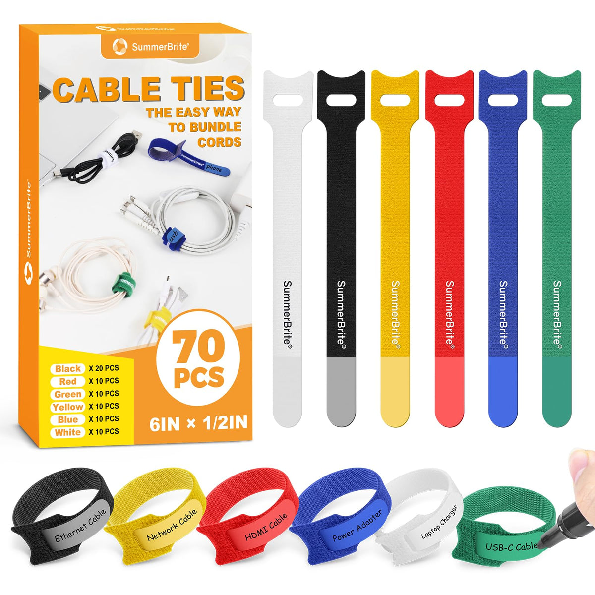 Cable Management with Writable Labels, Black, 70 PCS Assorted 4, 6, 8 IN
