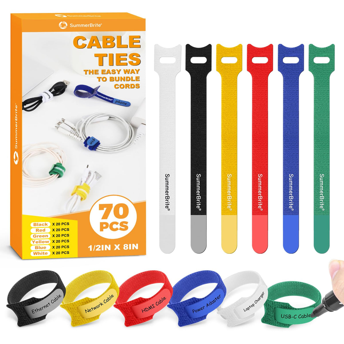 Cable Management with Writable Labels, Black, 70 PCS Assorted 4, 6, 8 IN