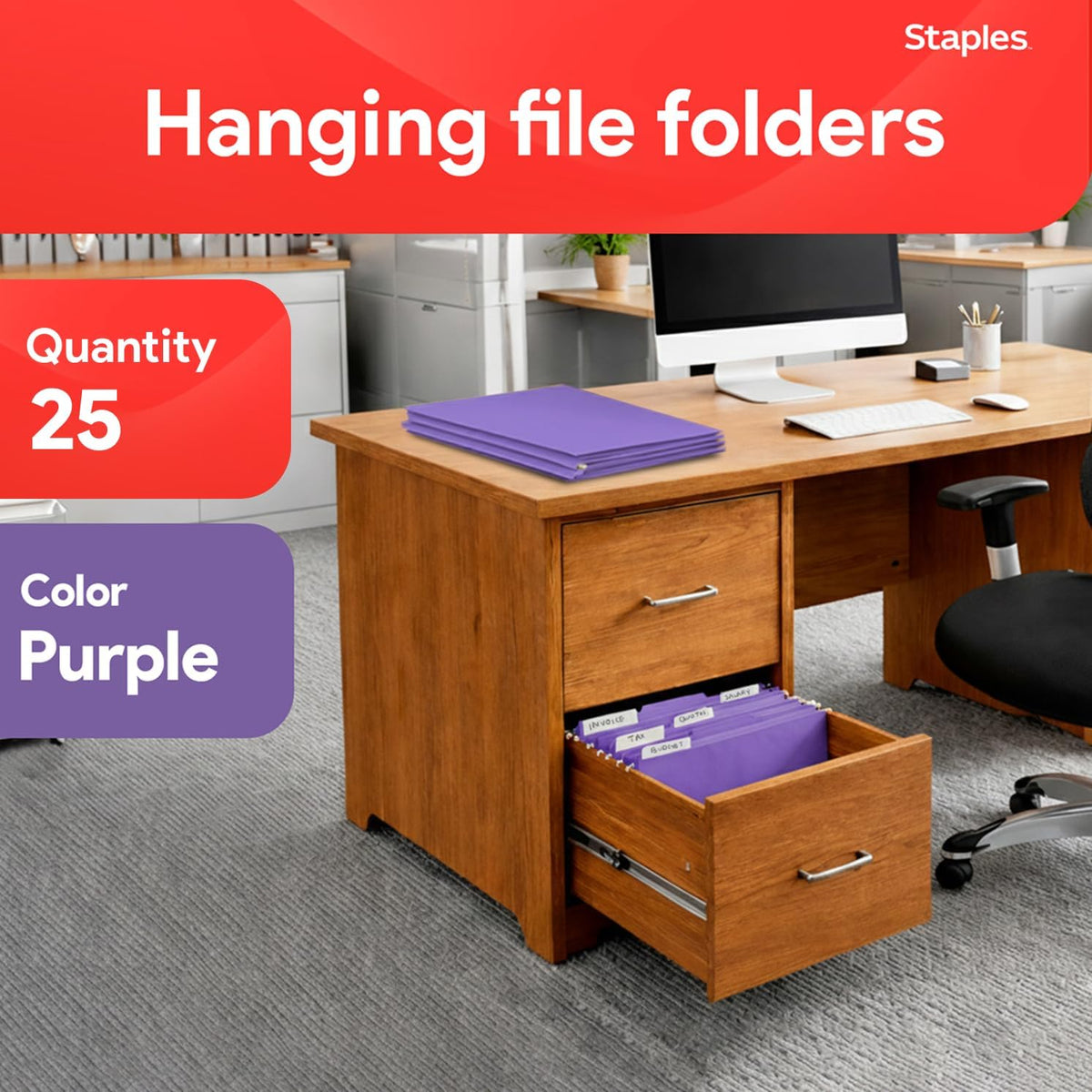 Staples Hanging File Folders, Letter Size, Purple, 5-Tab, 25/Pk