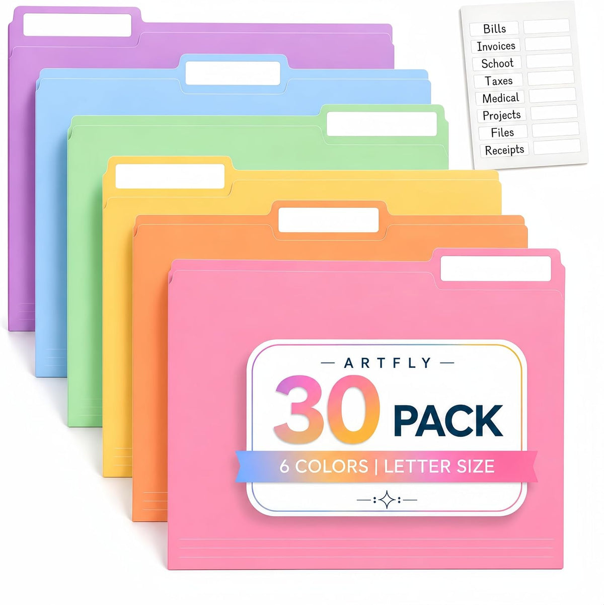 Colored File Folders,30 Pack Manilla Folders 8.5 x 11, 1/3 Cut Tabs