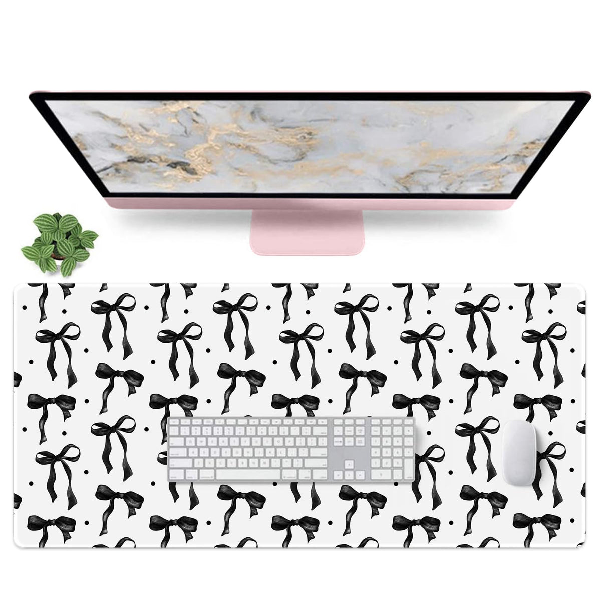 Pink Desk Mat, Mouse Pad Bows Computer Desk Mat Girl Office Decor 31.5x11.8