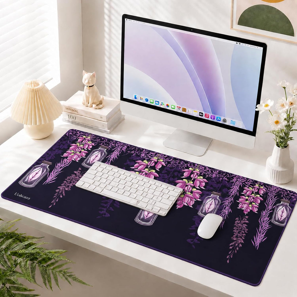 Large Desk Mat Purple Floral Mouse Pad Extended Keyboard Mat 35.4 x 15.7