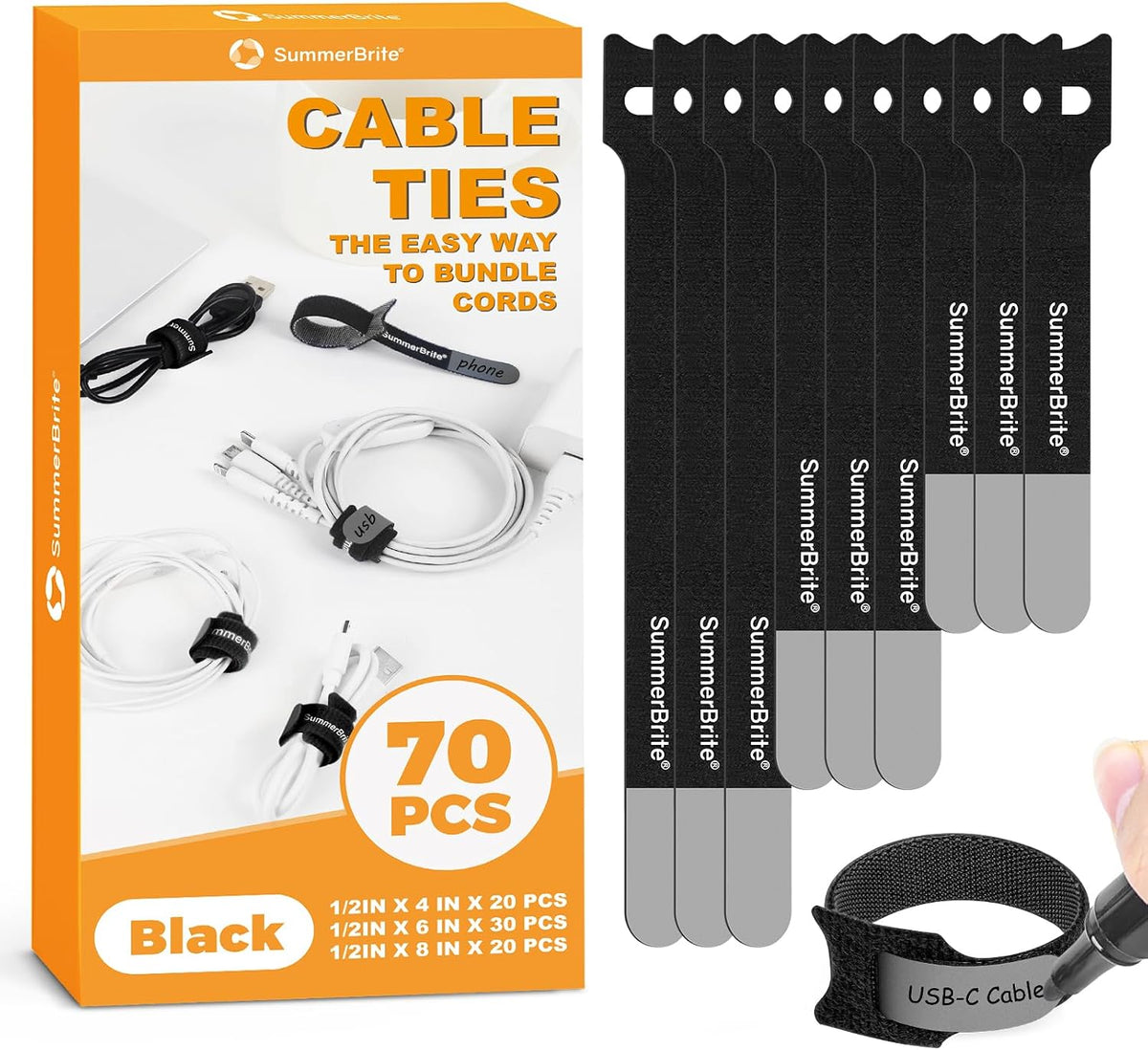Cable Management with Writable Labels, Black, 70 PCS Assorted 4, 6, 8 IN