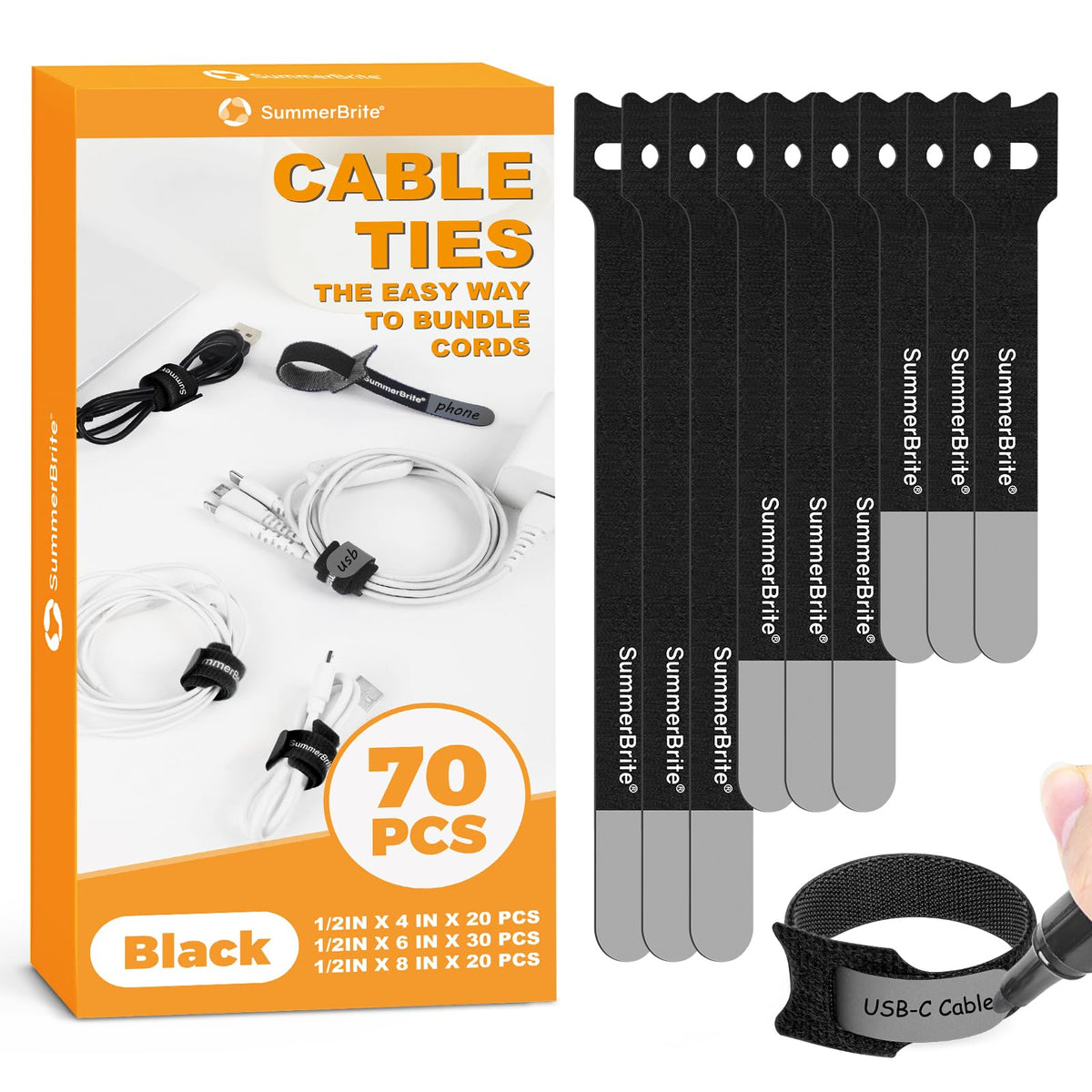 Cable Management with Writable Labels, Black, 70 PCS Assorted 4, 6, 8 IN