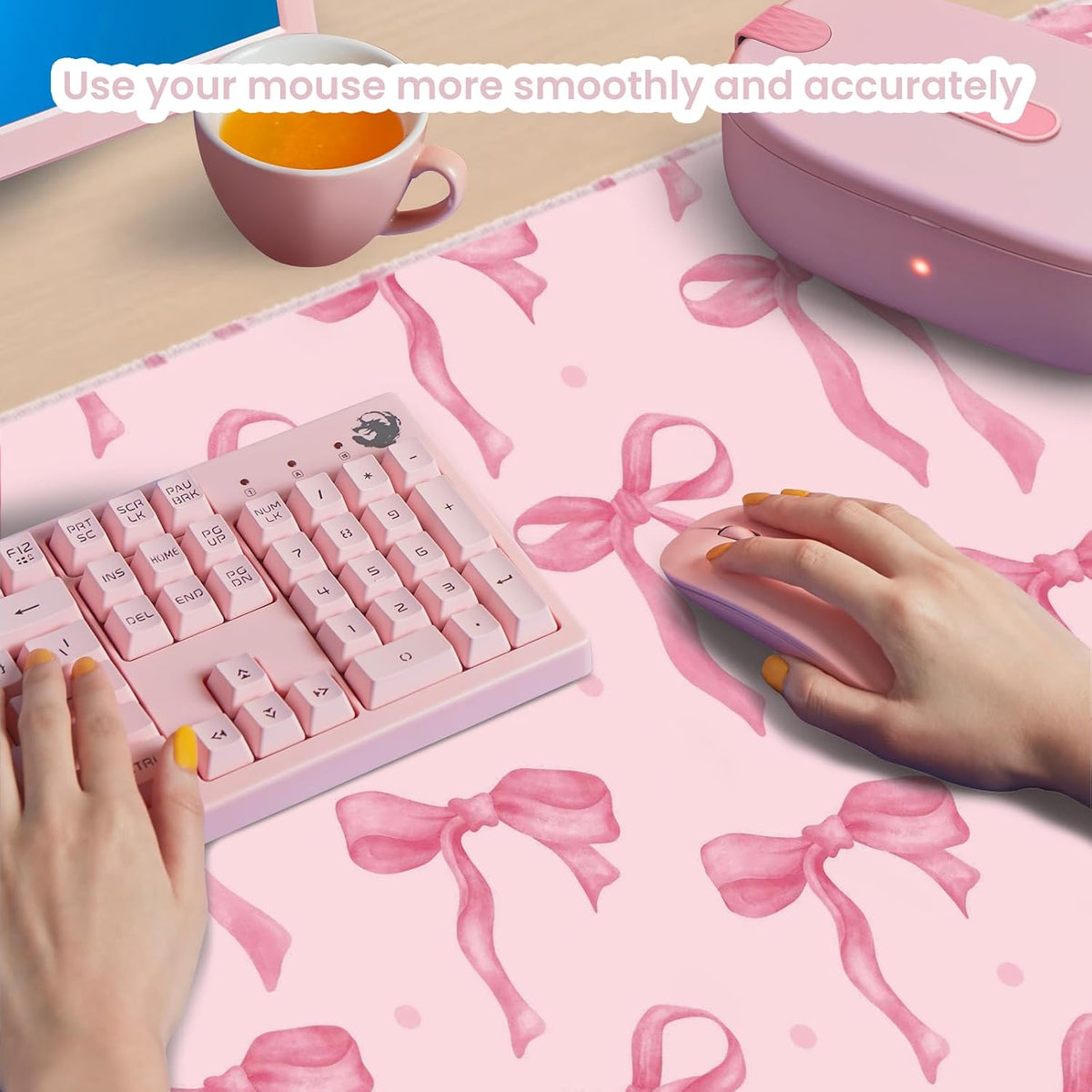 Pink Desk Mat, Mouse Pad Bows Computer Desk Mat Girl Office Decor 31.5x11.8