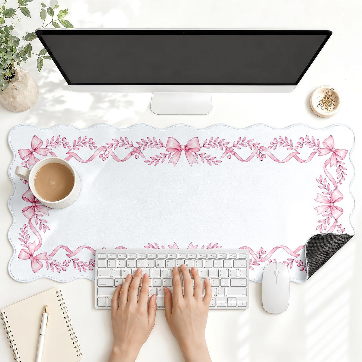 Scalloped Gaming Mouse Pad Desk Mat, Black Floral, 35.4"x15.7"