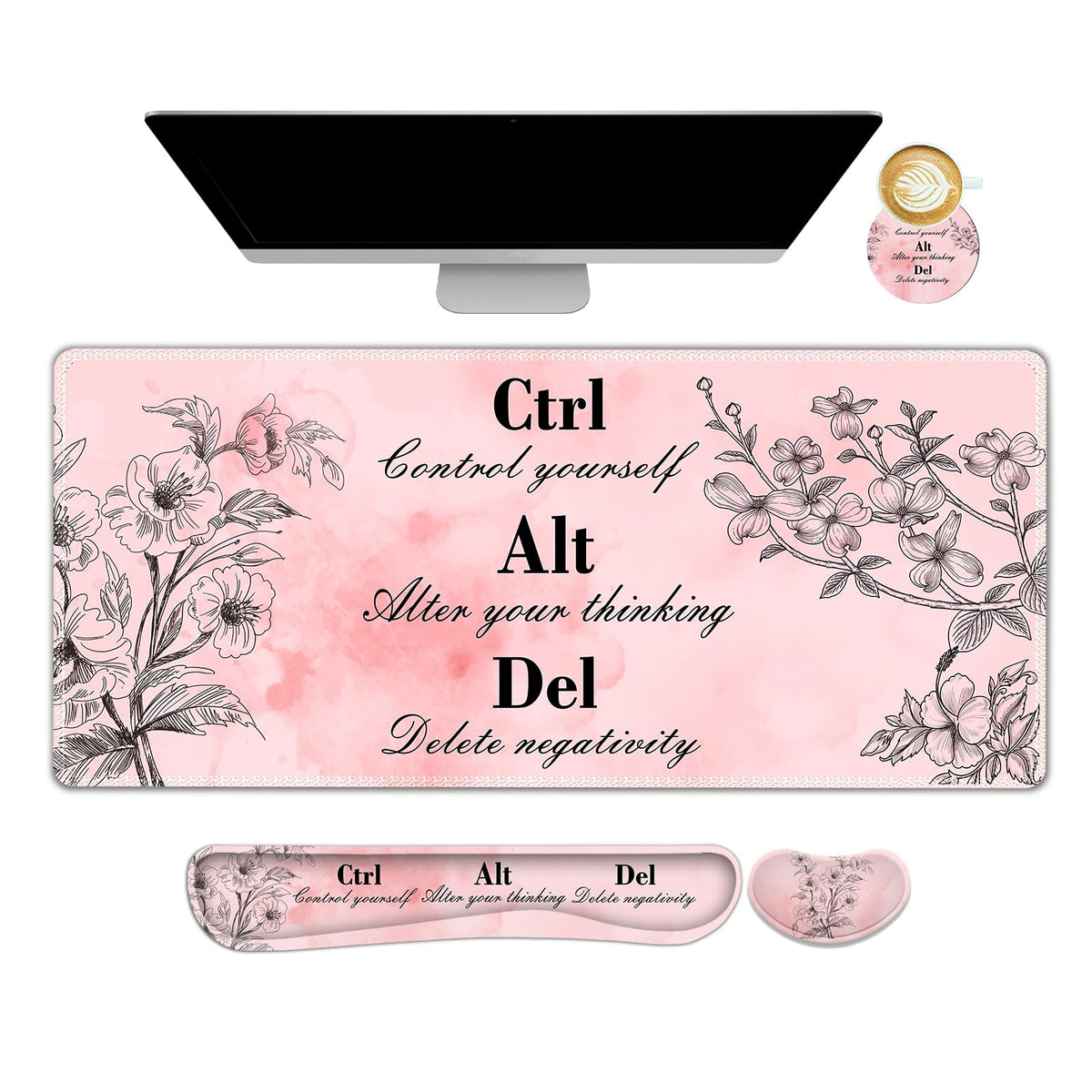 Beige Khaki Checkered Mouse Pad Set, 4 in1 Large Gaming Ergonomics Keyboard Desk Mat with Memory Foam Wrist Rest, Extended Game Mousepad, Non-Slip Desk Pad Matt Easy Typing Pain Relief