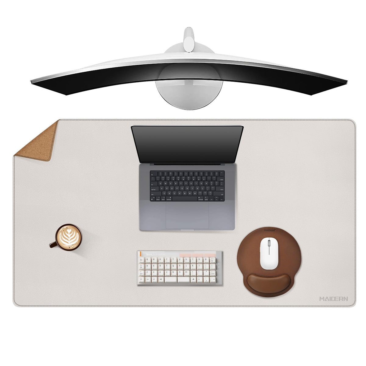 MAIDERN 43.3”x 19.6” Cork & Leather Desk Mat, Large Desk Pad (Cream)