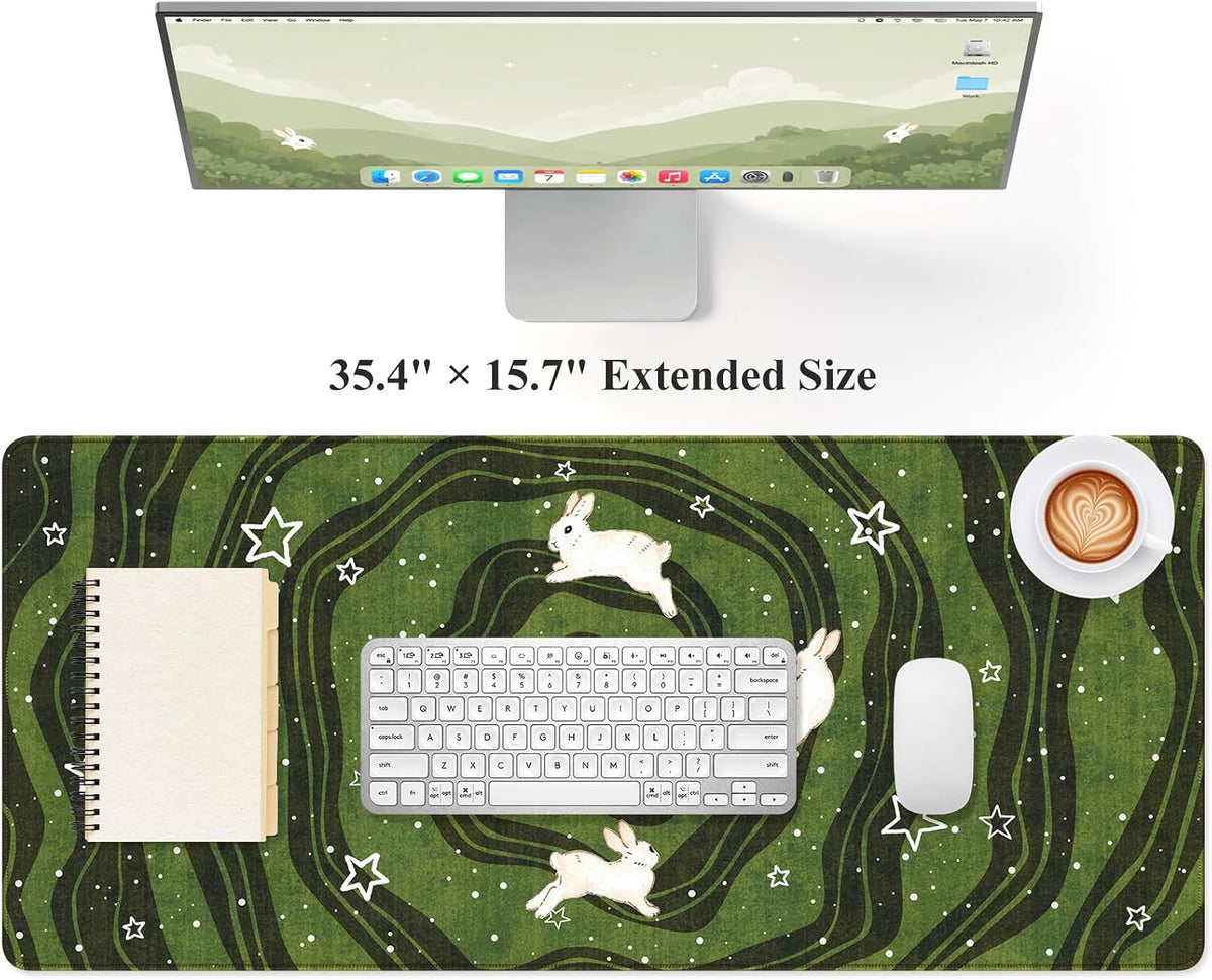 HAOCOO Cute Desk Mat Green, Celestial Rabbit Keyboard Pad 35.4"x15.7"