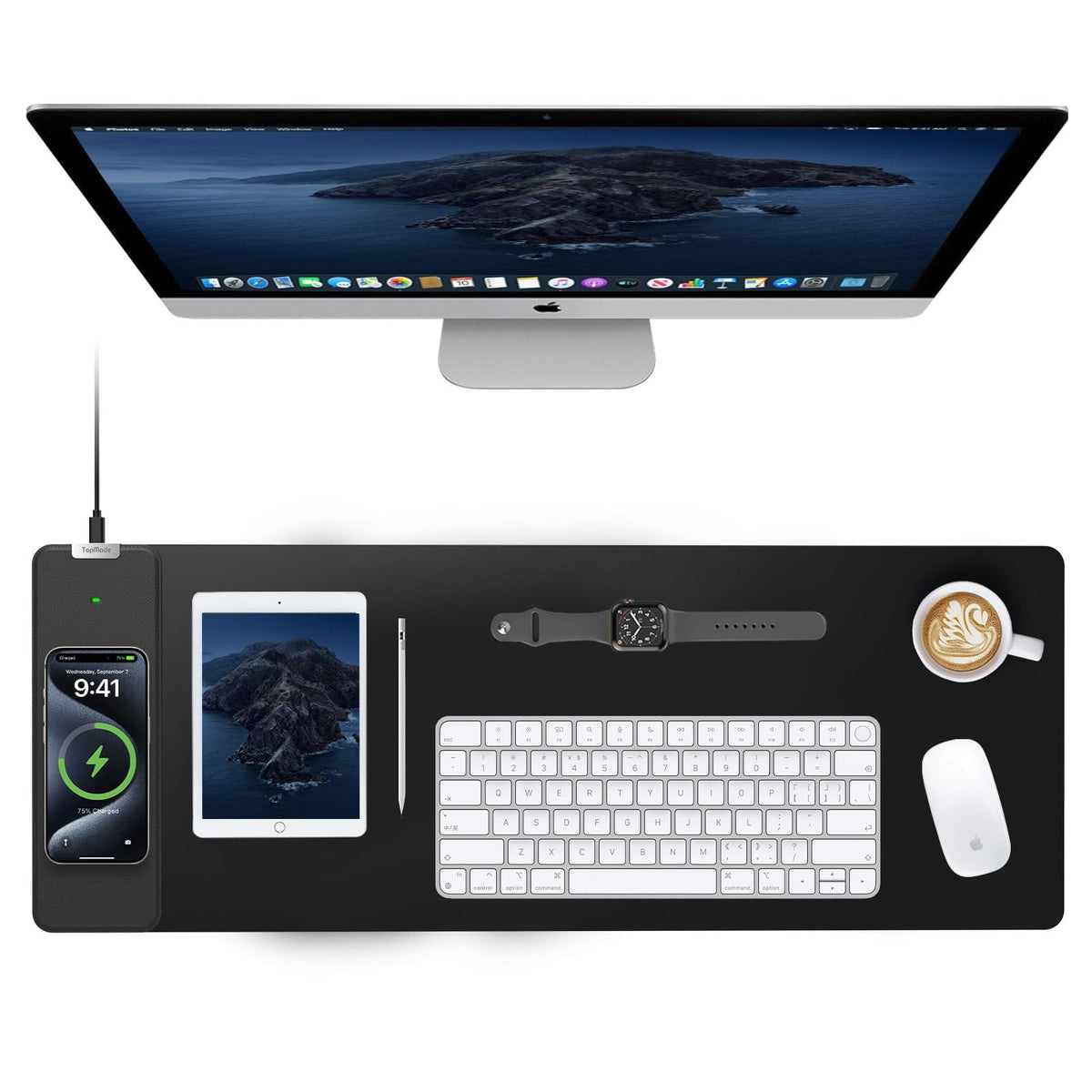 TopMade Wireless Charging Mouse Pad, 31.5"x15.75" XXL Extra Large Gaming Mousepads Waterproof Desk Pad with Ultra-Smooth Surface, Non-Slip Base, Classic Black Computer Desk Mat for MacBook, PC, Laptop
