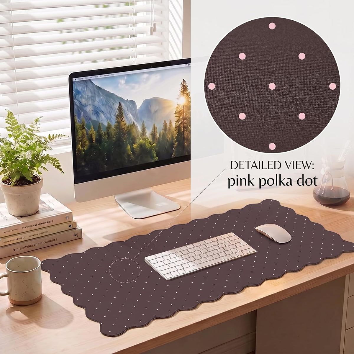 Cute Brown Scalloped Desk Mat with Polka Dot Large Mouse Pad Computer Mat Aesthetic Keyboard Mat for Desktop Laptop Protector for Office & Home 31" x 15.7"