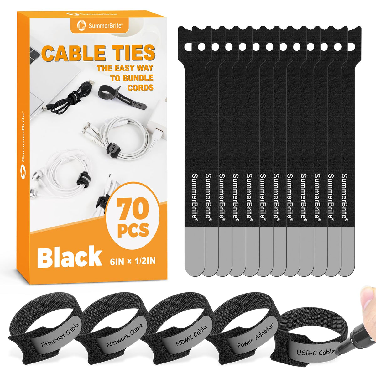 Cable Management with Writable Labels, Black, 70 PCS Assorted 4, 6, 8 IN