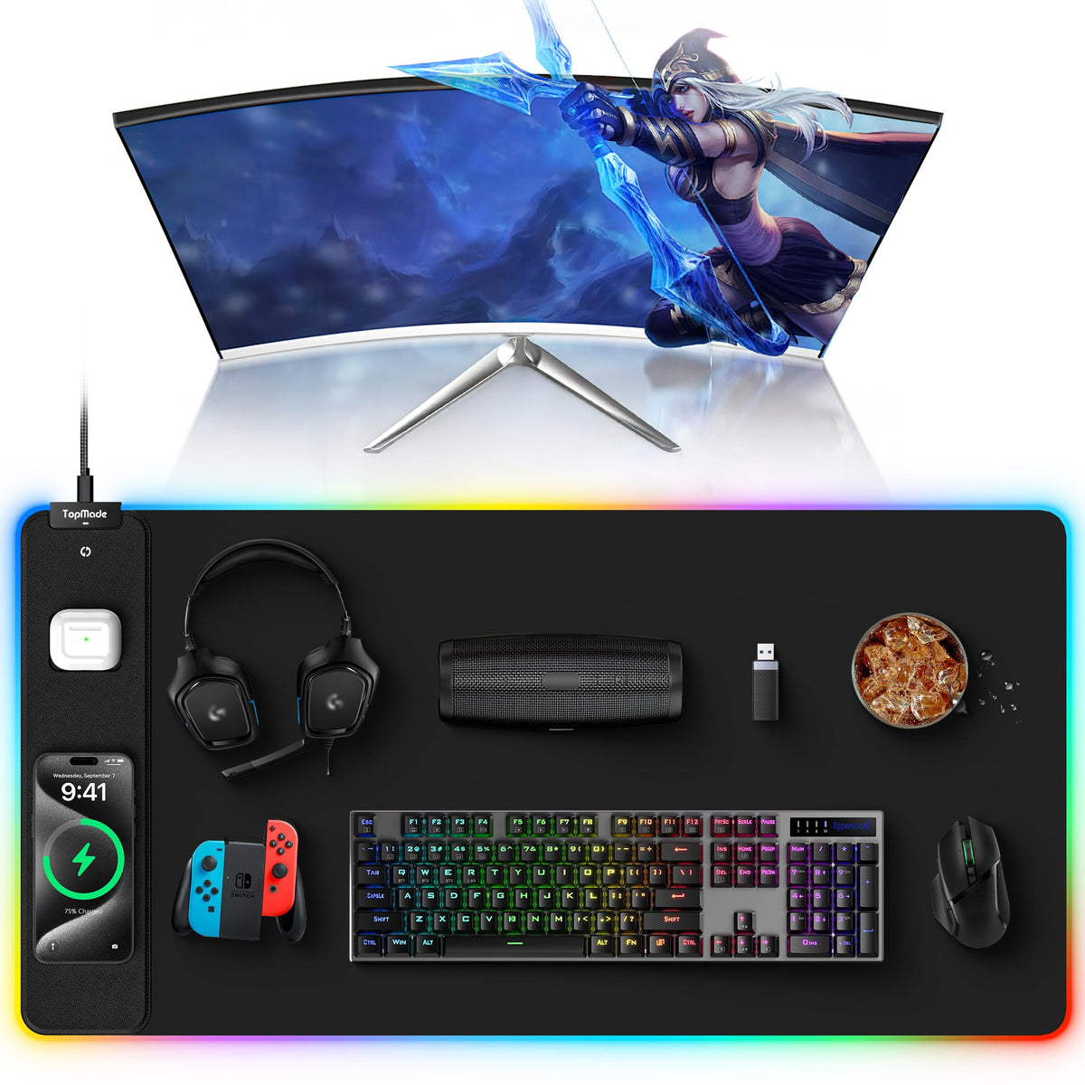 TopMade Mouse Pad with 15W Fast Wireless Charging, 31.5"x15.75" XXL Large Gaming Waterproof Desk Pad with Ultra-Smooth Surface, Non-Slip Base, Computer Desk Mat for MacBook, PC, Laptop, Black