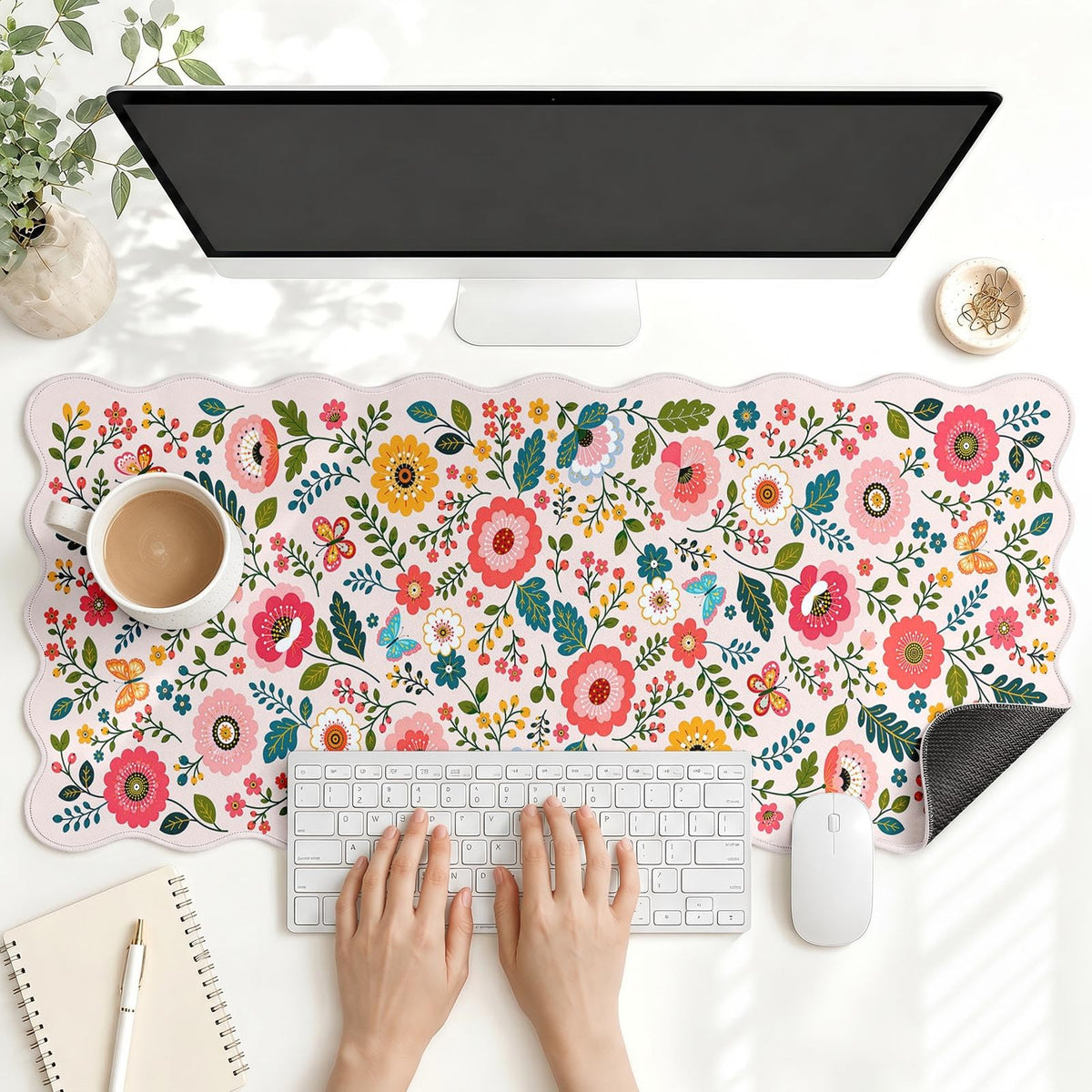 Scalloped Gaming Mouse Pad Desk Mat, Black Floral, 35.4"x15.7"