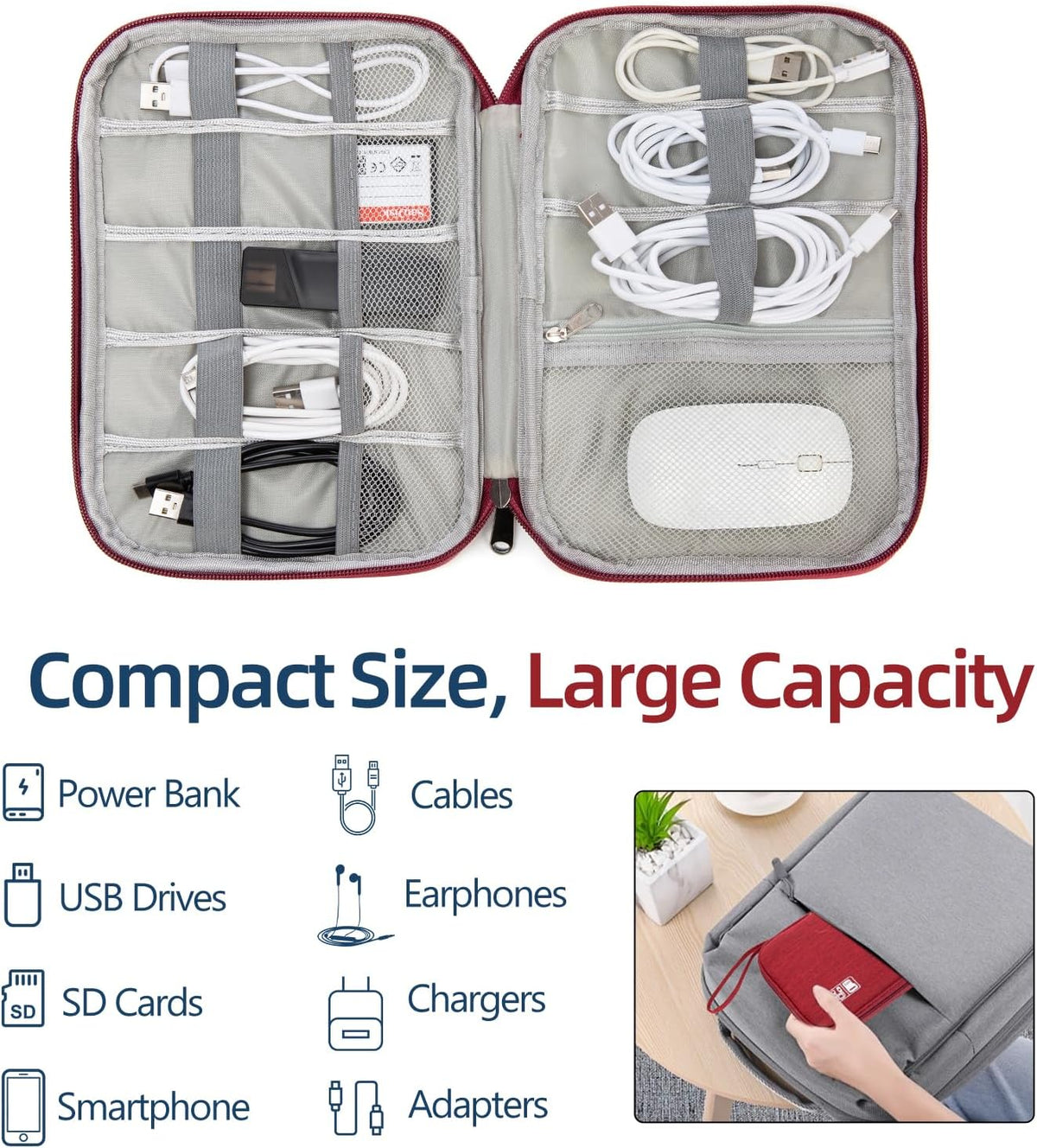 Small Cable Organizer Travel Case for Chargers, Cords&Accessories