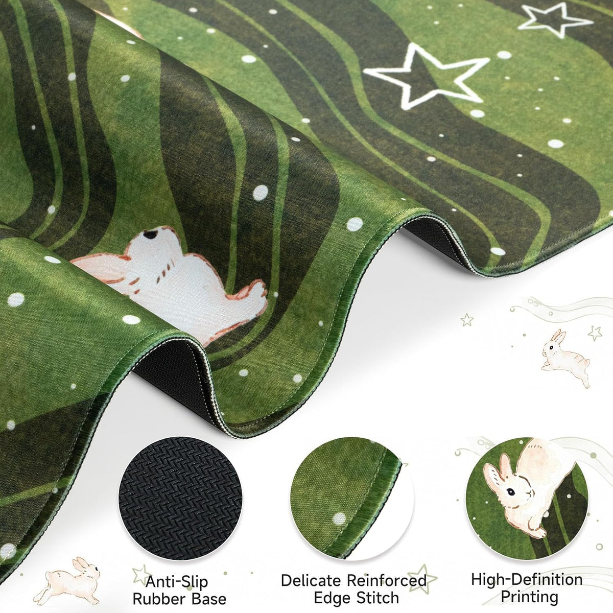 HAOCOO Cute Desk Mat Green, Celestial Rabbit Keyboard Pad 35.4"x15.7"