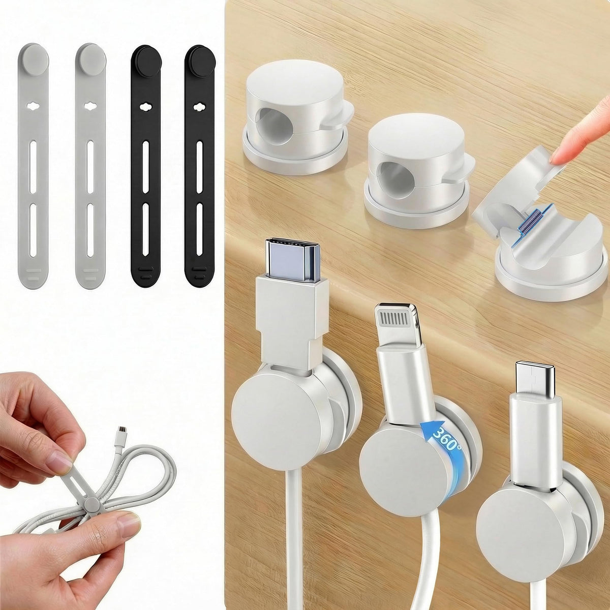 10 Pack Rotatable Cable Clips & Silicone Cable Straps Set