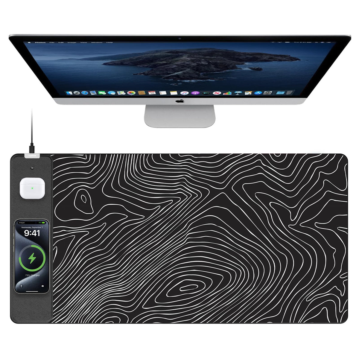 TopMade Mouse Pad with 15W Fast Wireless Charging, 31.5"x15.75" XXL Large Gaming Waterproof Desk Pad with Ultra-Smooth Surface, Non-Slip Base, Computer Desk Mat for MacBook, PC, Laptop, Black