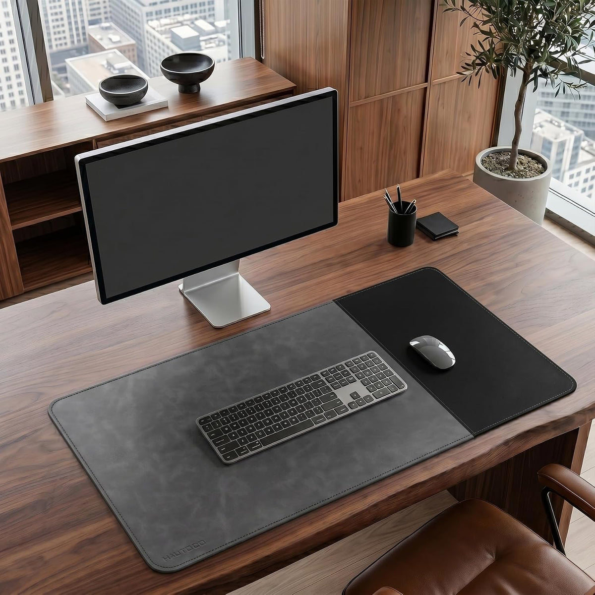 HAUTOCO Cork Desk Mat 31.5"x15.7", Distressed PU Leather & Cloth Desk Pad