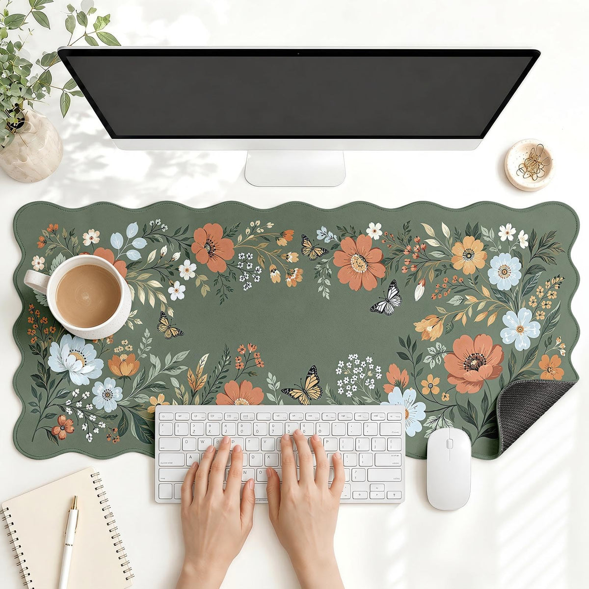 Scalloped Gaming Mouse Pad Desk Mat, Black Floral, 35.4"x15.7"