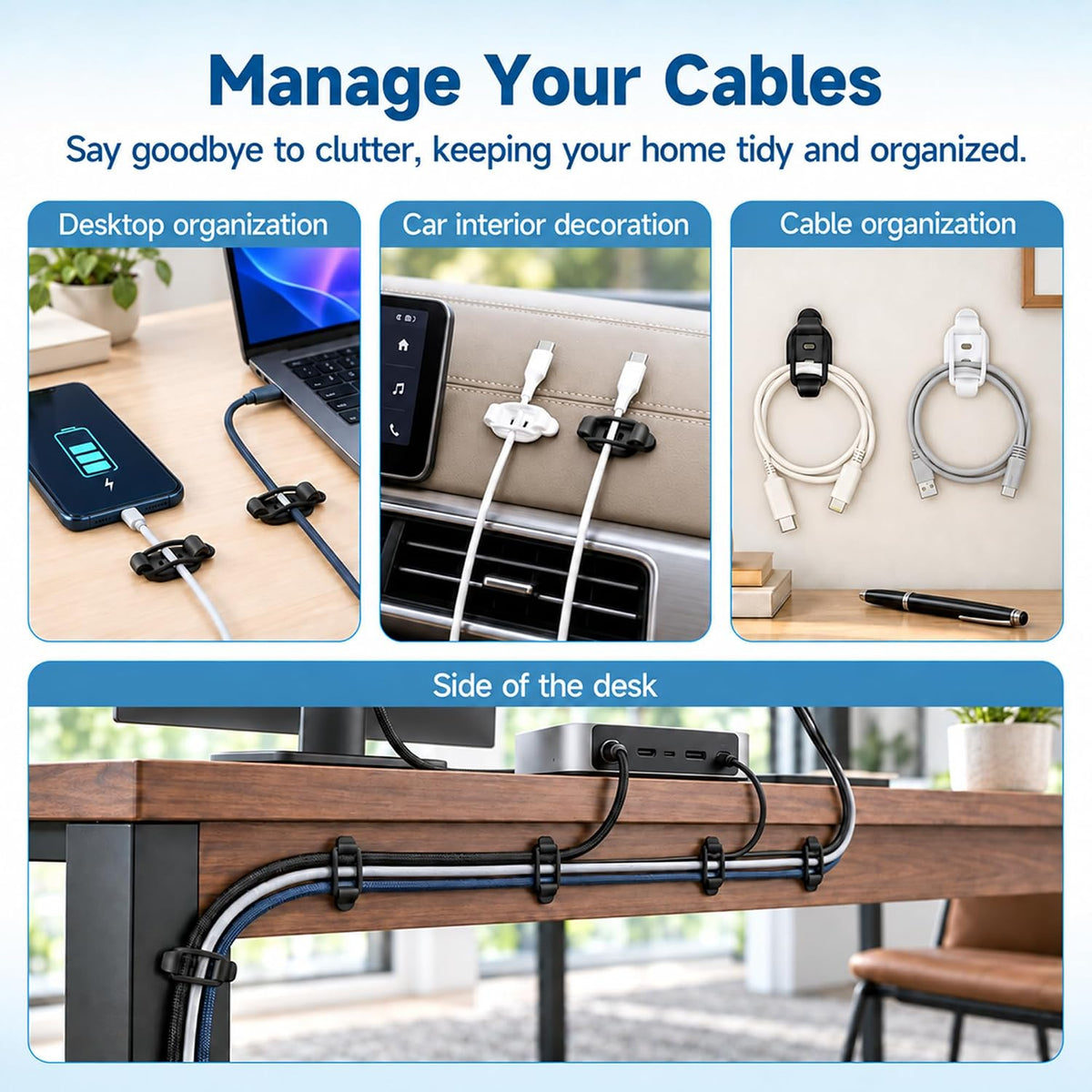 10 Sets Adjustable Cable Management Clips, Self Adhesive Cord Organizer with Elastic Loop, Reusable Cable Holder for Desk, Under Desk, Wall, TV, Office, Home, Charging Cables, USB, HDMI, PC Wires