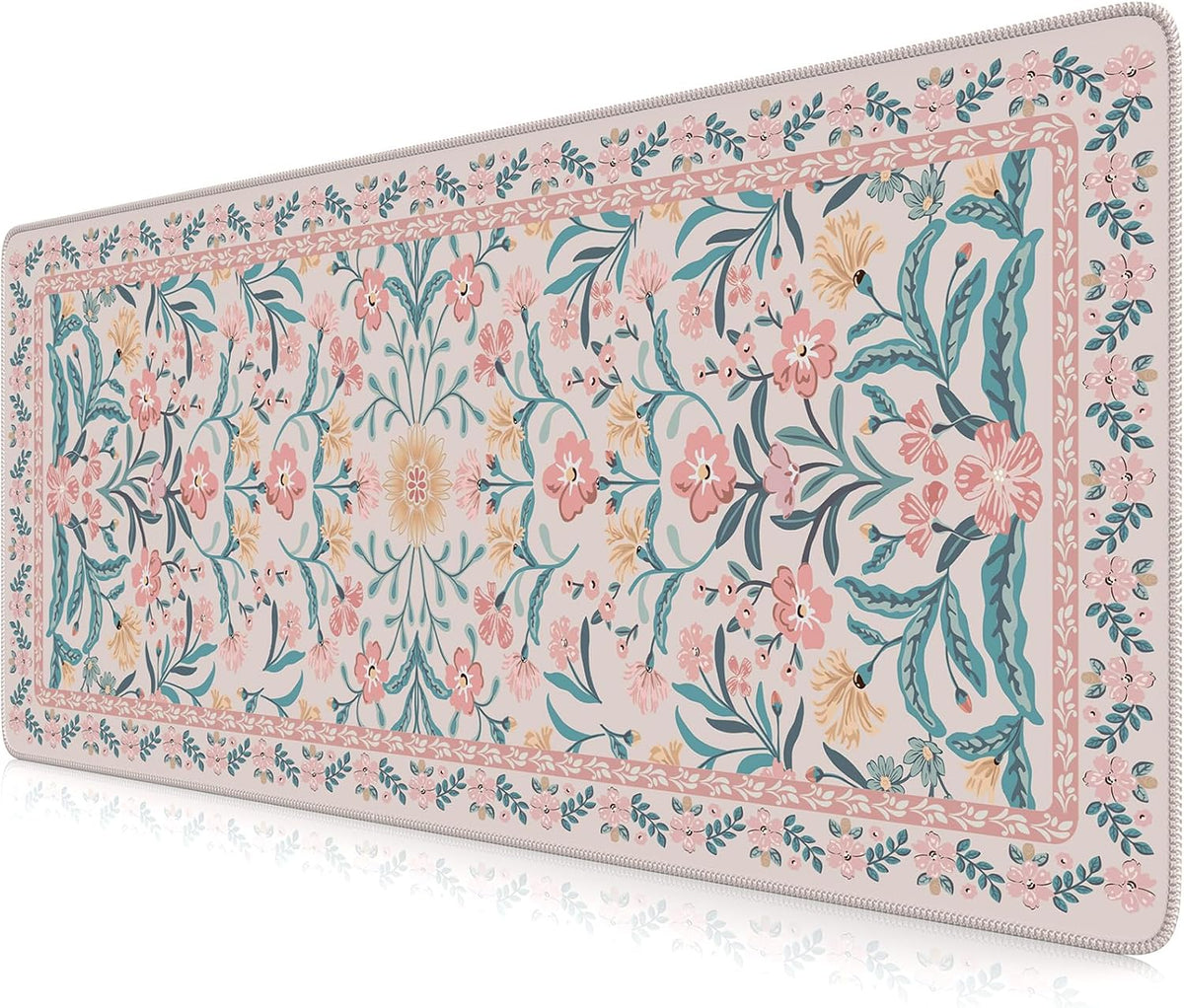 iCasso Aesthetic Desk Mat,31.5x11.8in Mouse Pads, Pink Floral