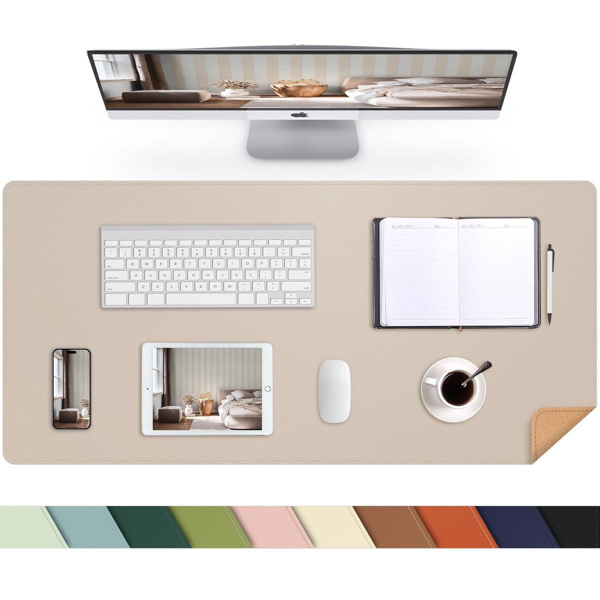 AFIING Large Desk Mat, 47" x 17",Black,Leather Desk Pad Protector for Mouse