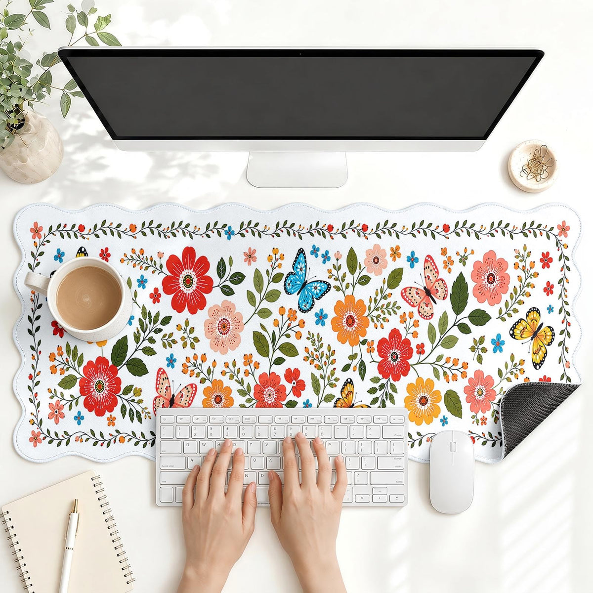Scalloped Gaming Mouse Pad Desk Mat, Black Floral, 35.4"x15.7"