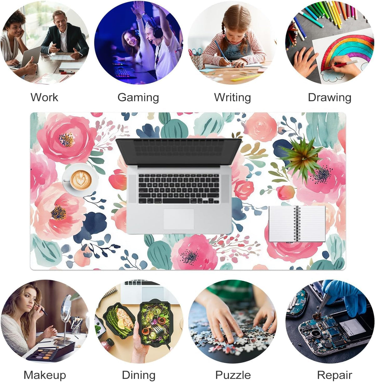 Bloss Pink Floral Desk Mat Cute, Leather Desk Pad, 31.5 x 15.7 Inch