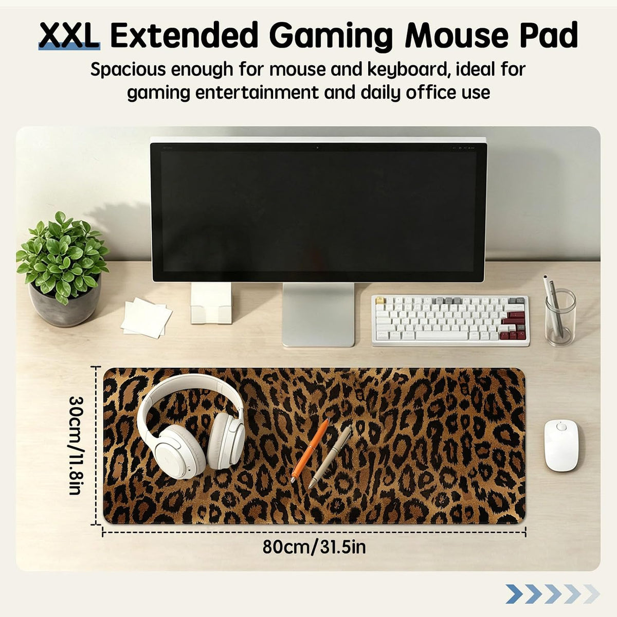 Leopard Desk Mat 31.5x11.8 Inch with Anti-Slip Rubber Base for Home Office