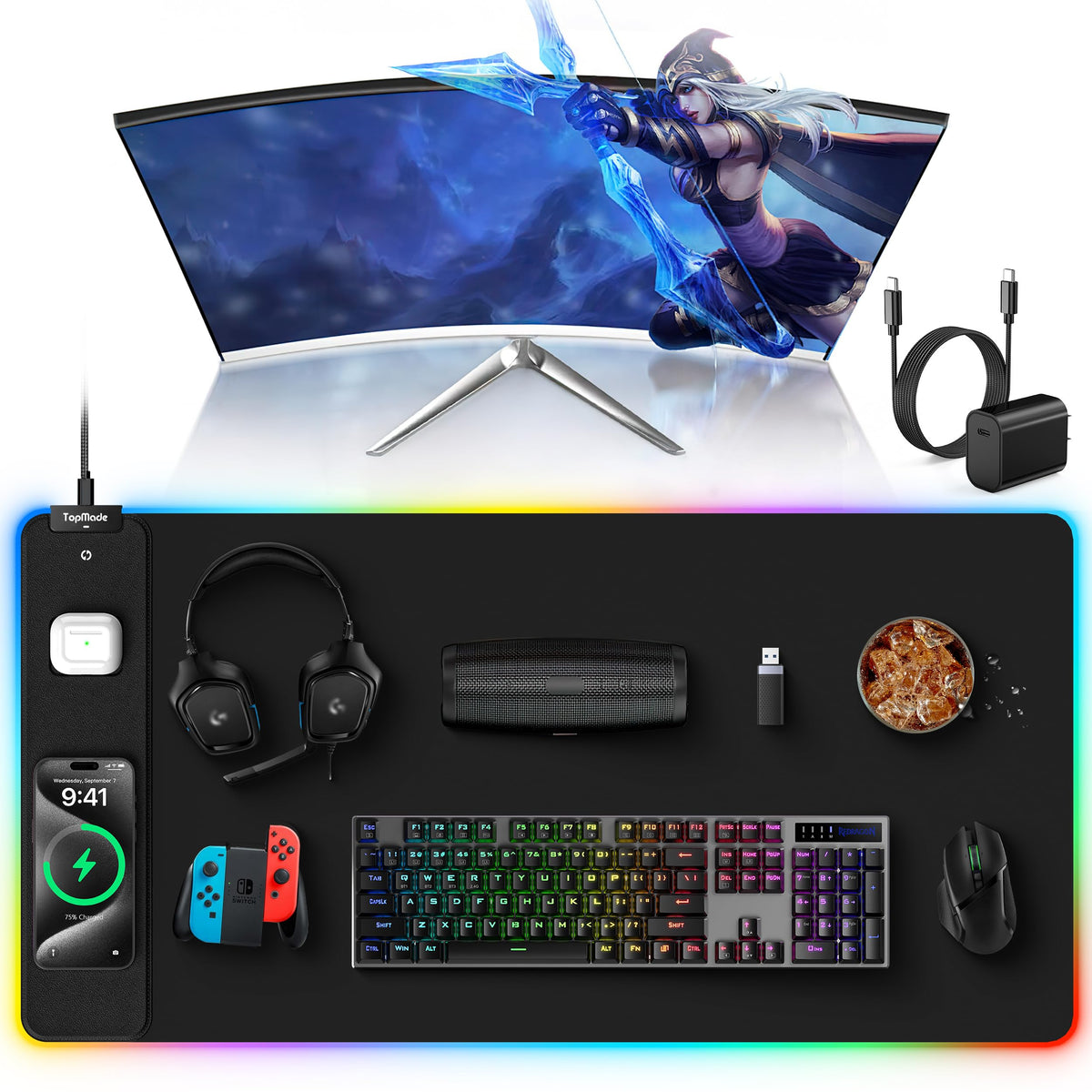 TopMade Mouse Pad with 15W Fast Wireless Charging, 31.5"x15.75" XXL Large Gaming Waterproof Desk Pad with Ultra-Smooth Surface, Non-Slip Base, Computer Desk Mat for MacBook, PC, Laptop, Black