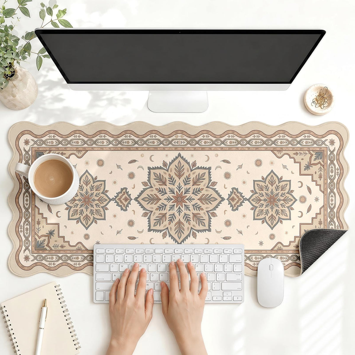 Scalloped Gaming Mouse Pad Desk Mat, Black Floral, 35.4"x15.7"